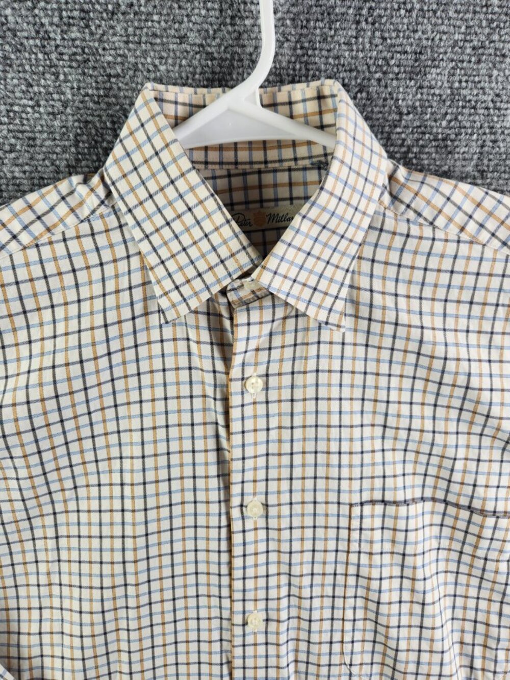 Peter Millar Blue Gold White Plaid Long Sleeve Button Up Shirt 100% Cotton Adult